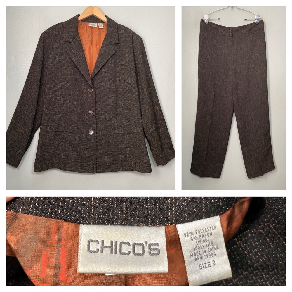 Chicos Suit Jacket Pants Set 3 Size XL 16 Dark Brown Office Career Business Silk